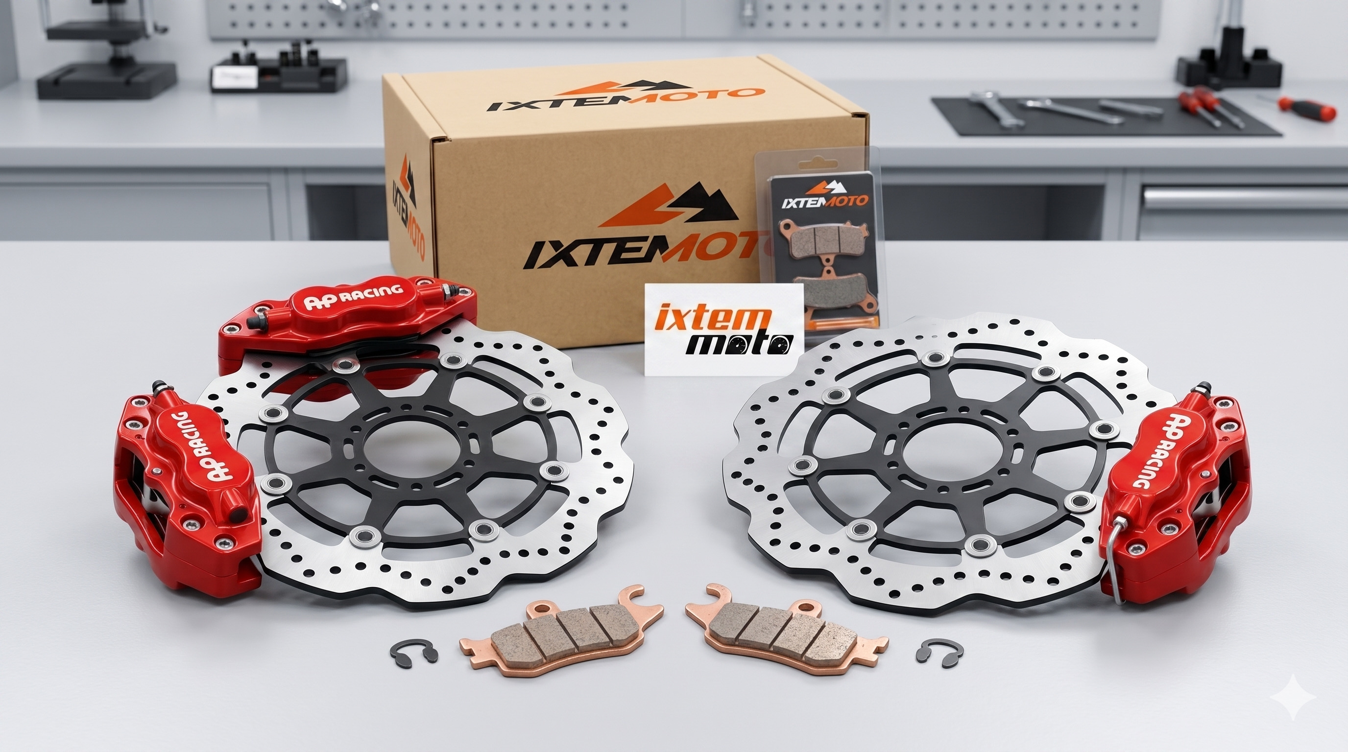 kit freinage FEAP Racing posé sur une surface propre, disques pétales et plaquettes métalliques visibles, packaging Ixtem Moto en arrière-plan